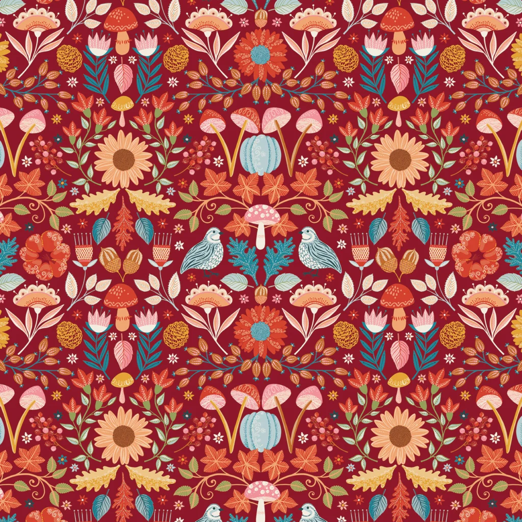 A vibrant, floral surface pattern featuring sunflowers, mushrooms, and various leaves on a rich red background. The design includes small birds and colourful flowers