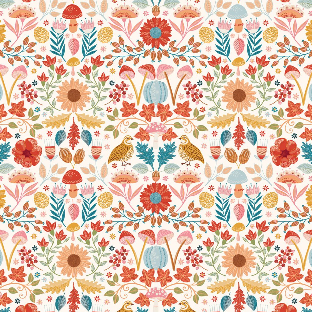 A vibrant, repeating pattern featuring various flowers, mushrooms, and leaves in warm colors like red, pink, yellow, and blue, along with small birds and decorative elements.