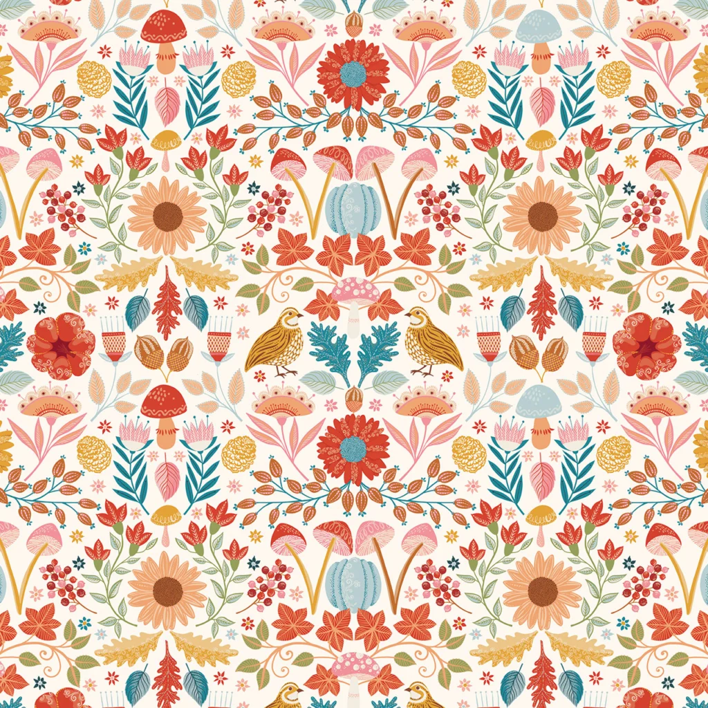 A vibrant, repeating pattern featuring various flowers, mushrooms, and leaves in warm colors like red, pink, yellow, and blue, along with small birds and decorative elements.