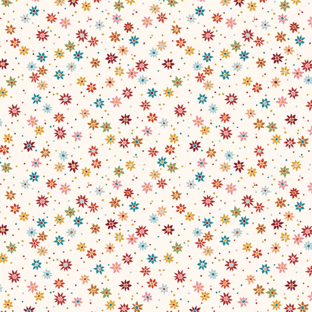 A whimsical floral pattern featuring small flowers in various colors, including red, pink, blue, yellow, and green, set against a cream background.