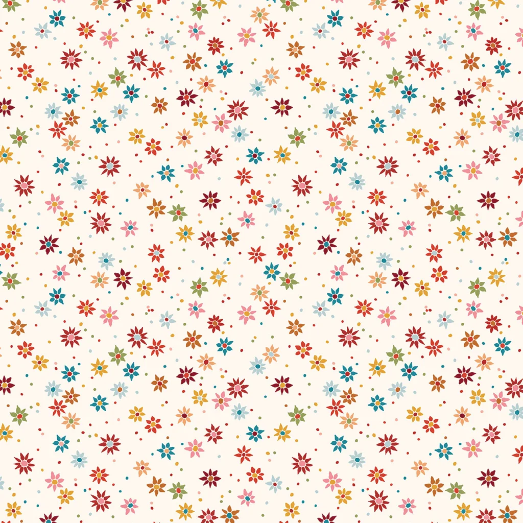 A whimsical floral pattern featuring small flowers in various colors, including red, pink, blue, yellow, and green, set against a cream background.