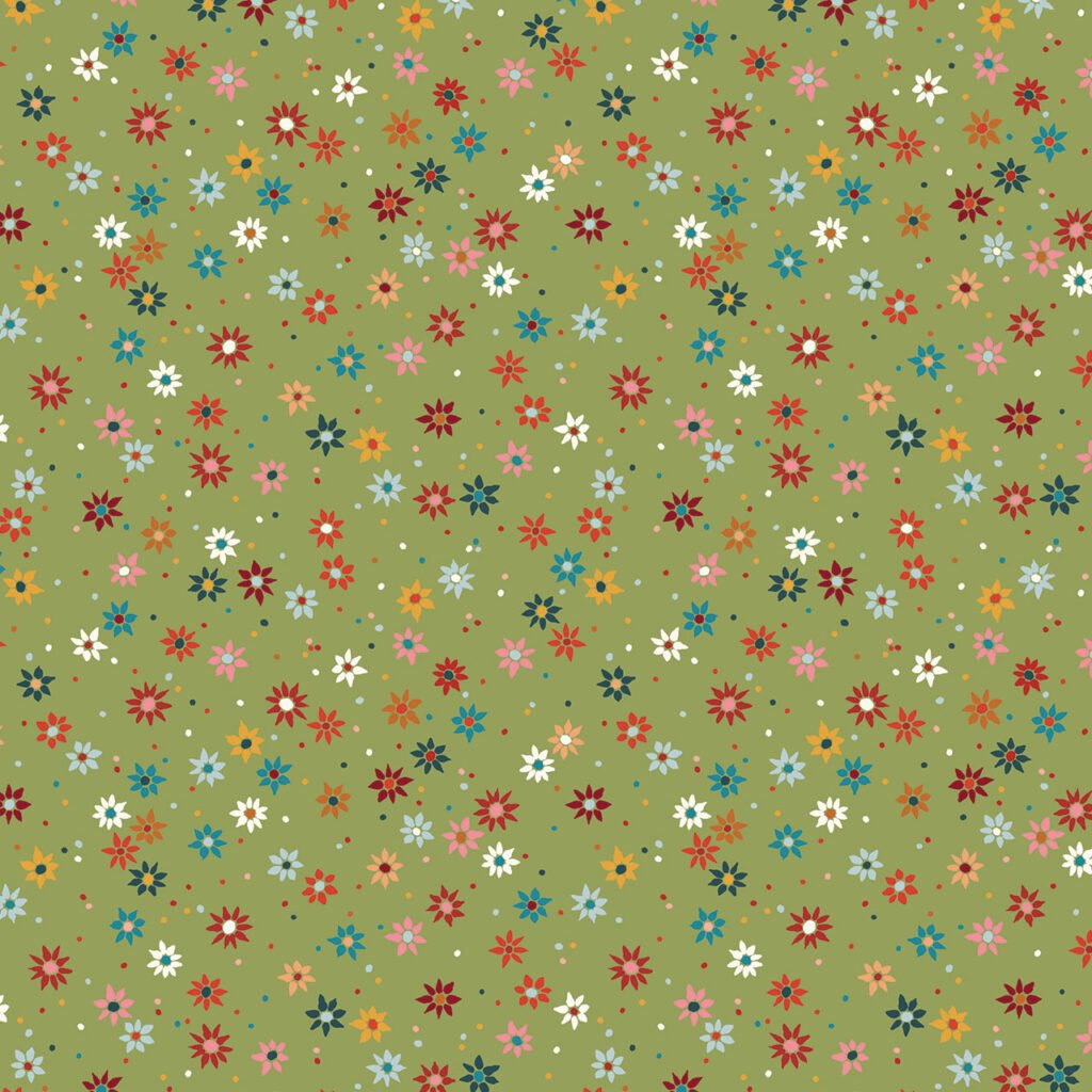 A textured pattern featuring a variety of small flowers in red, pink, blue, yellow, and white against a soft green background, with scattered dots for added interest.