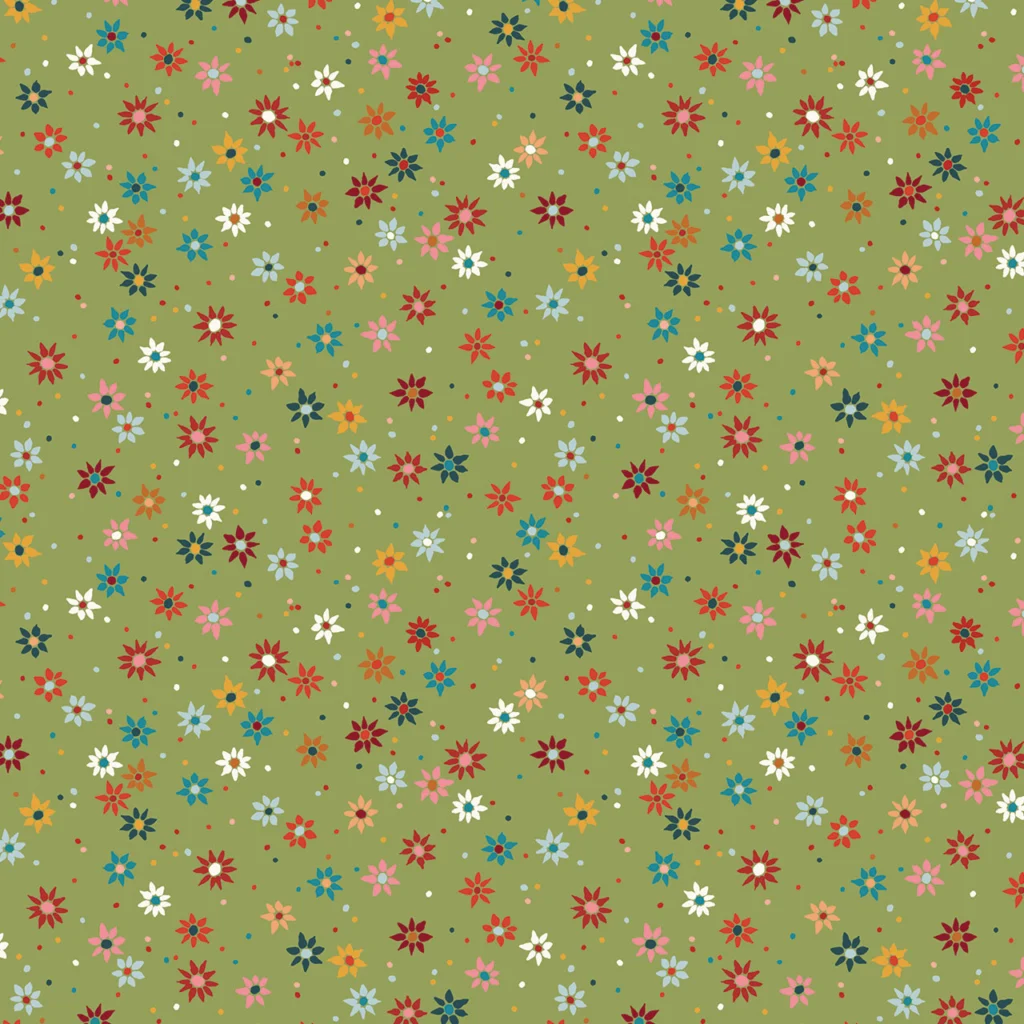 A textured pattern featuring a variety of small flowers in red, pink, blue, yellow, and white against a soft green background, with scattered dots for added interest.