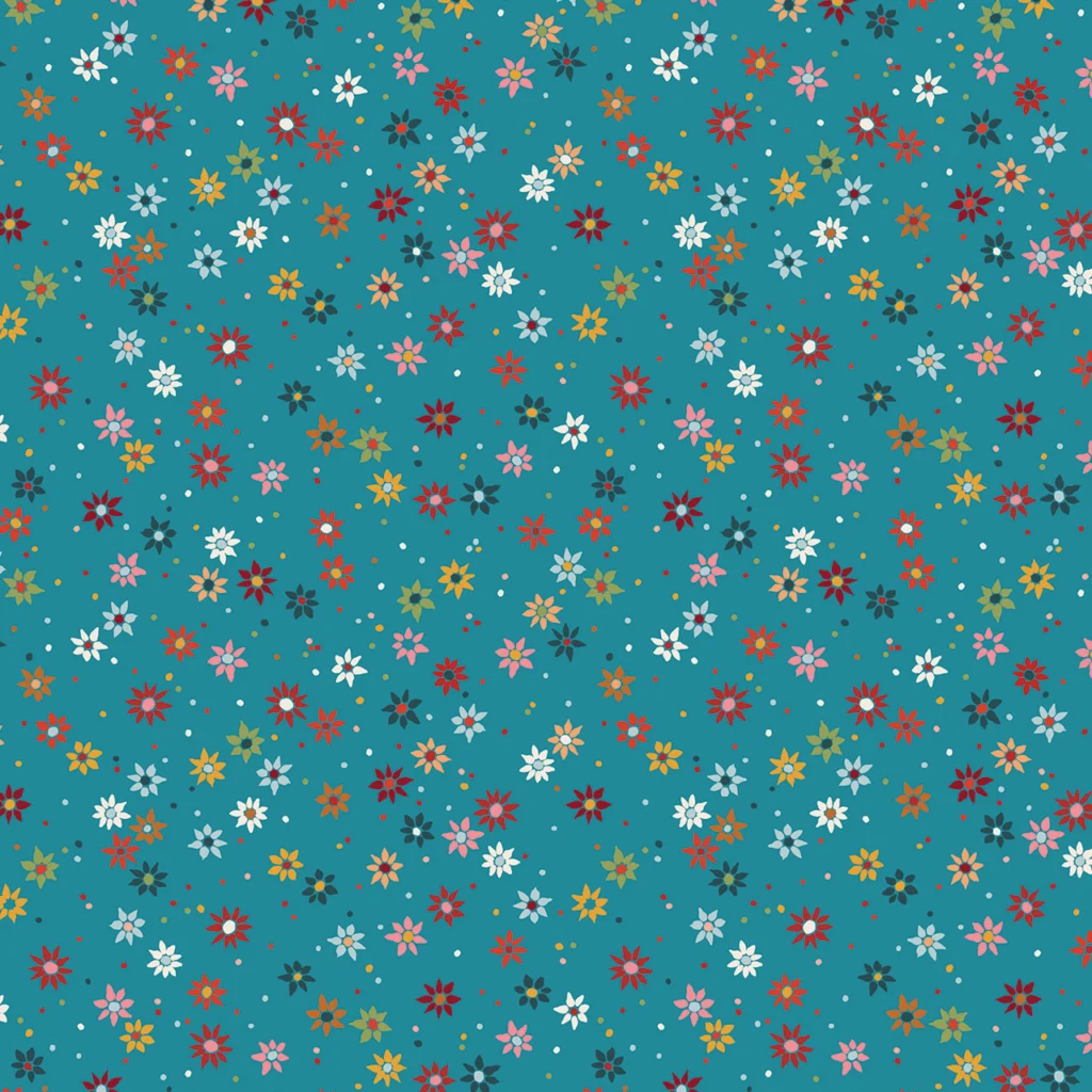 Colorful floral pattern on a teal background featuring various small flowers in red, pink, white, yellow, and green, with scattered dots for added texture.