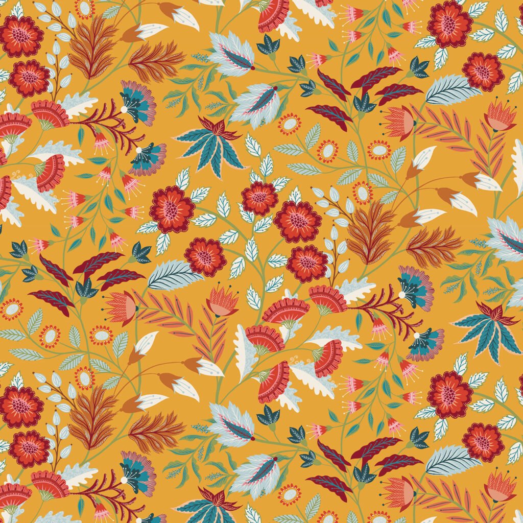 Floral surface pattern design featuring vibrant red and blue flowers, surrounded by green and white leaves against a warm yellow background.