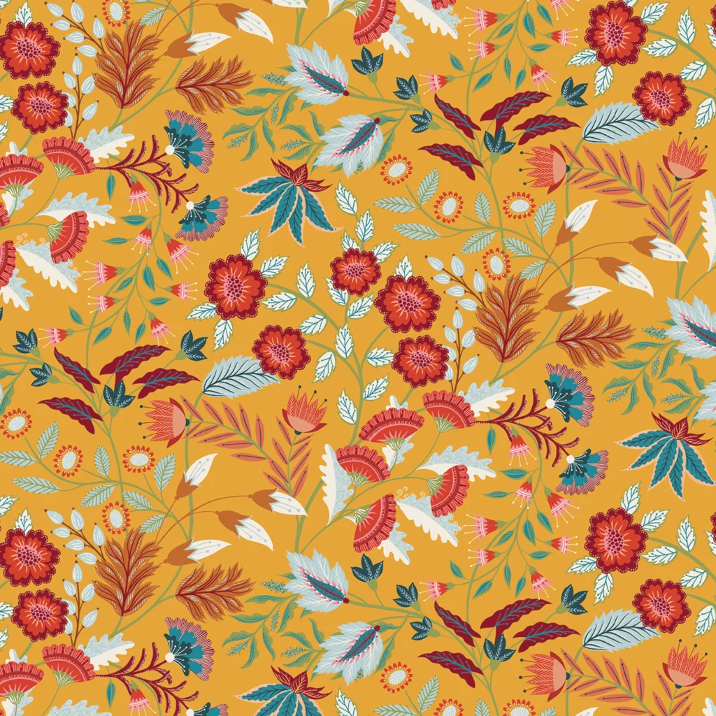 Floral surface pattern design featuring vibrant red and blue flowers, surrounded by green and white leaves against a warm yellow background.