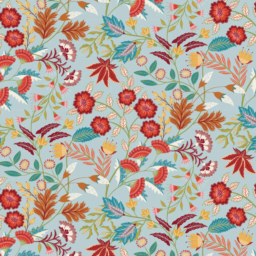 Colorful floral pattern featuring red, orange, and yellow flowers intertwined with green leaves on a light blue background