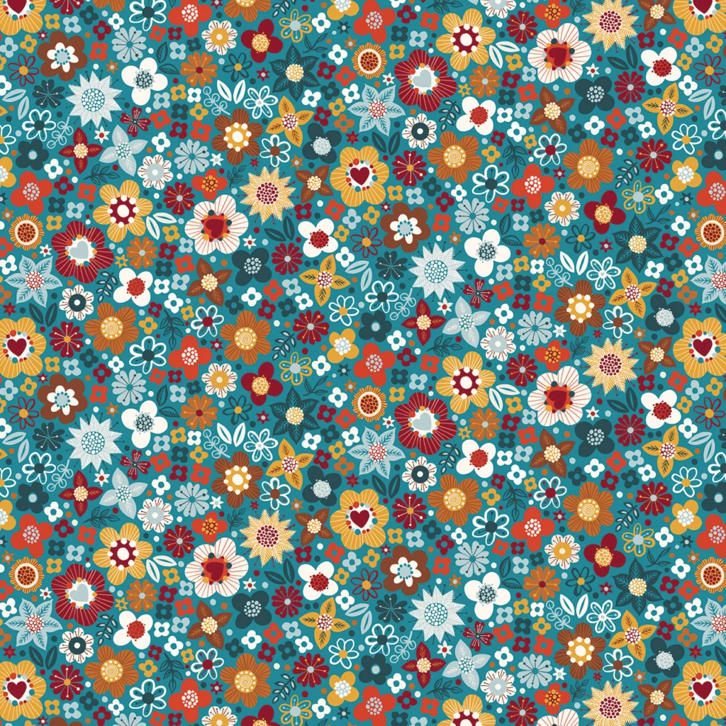 Colorful floral pattern featuring a variety of flowers and leaves in shades of teal, orange, yellow, red, and white. The design includes both detailed and abstract blooms.