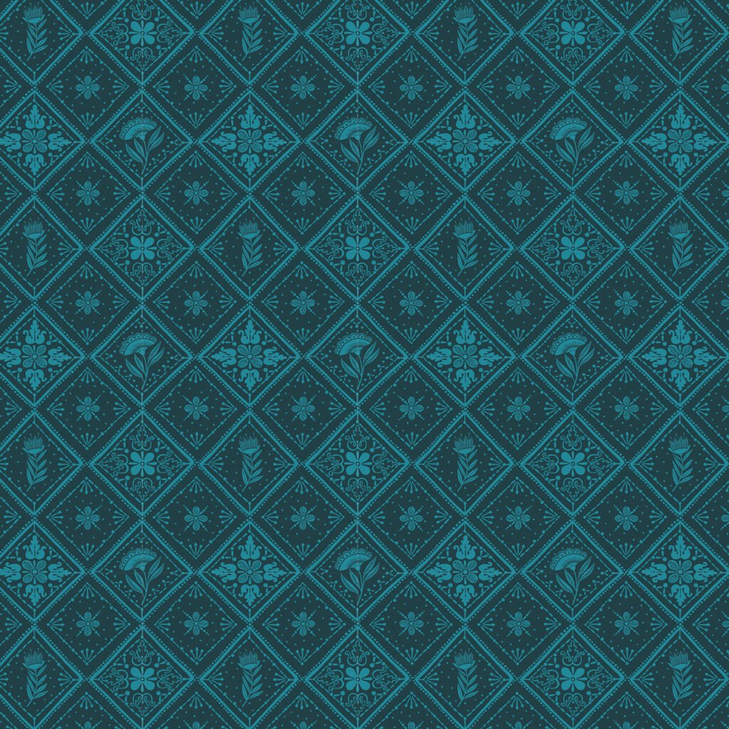 Repeating geometric pattern featuring floral and star motifs in teal on a dark background.