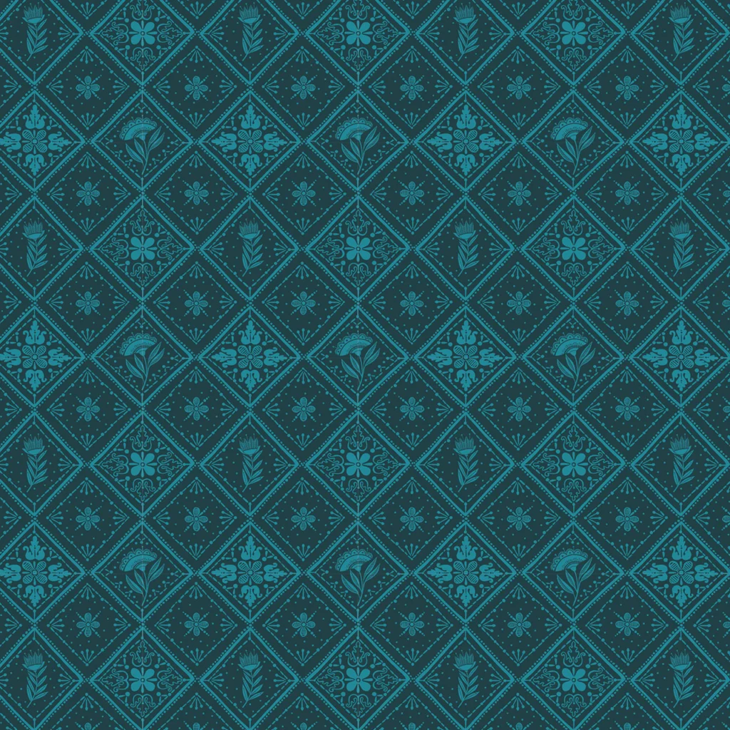 Repeating geometric pattern featuring floral and star motifs in teal on a dark background.