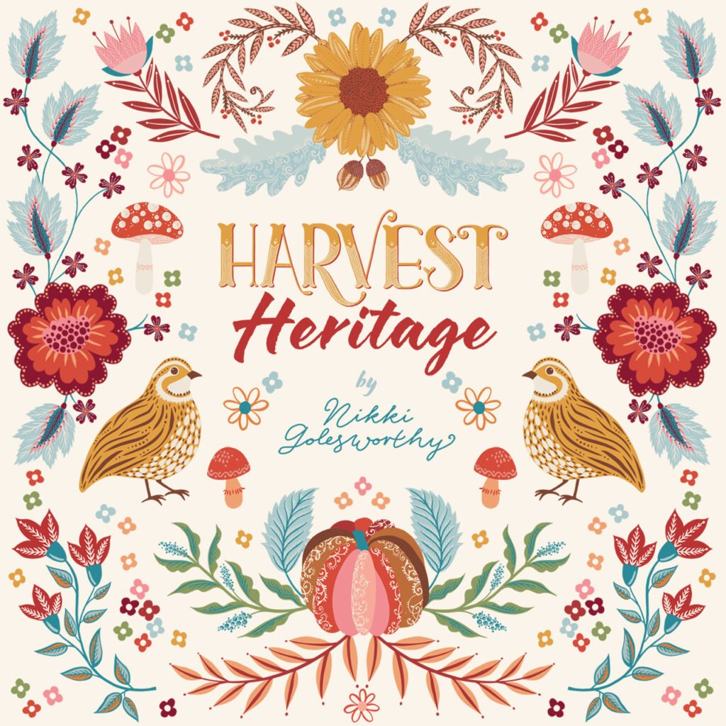 Colorful surface pattern design featuring whimsical flowers, mushrooms, and birds surrounding the text "Harvest Heritage" by Nikki Golesworthy