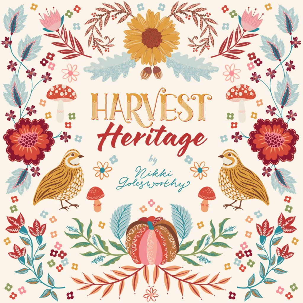 Colorful surface pattern design featuring whimsical flowers, mushrooms, and birds surrounding the text "Harvest Heritage" by Nikki Golesworthy