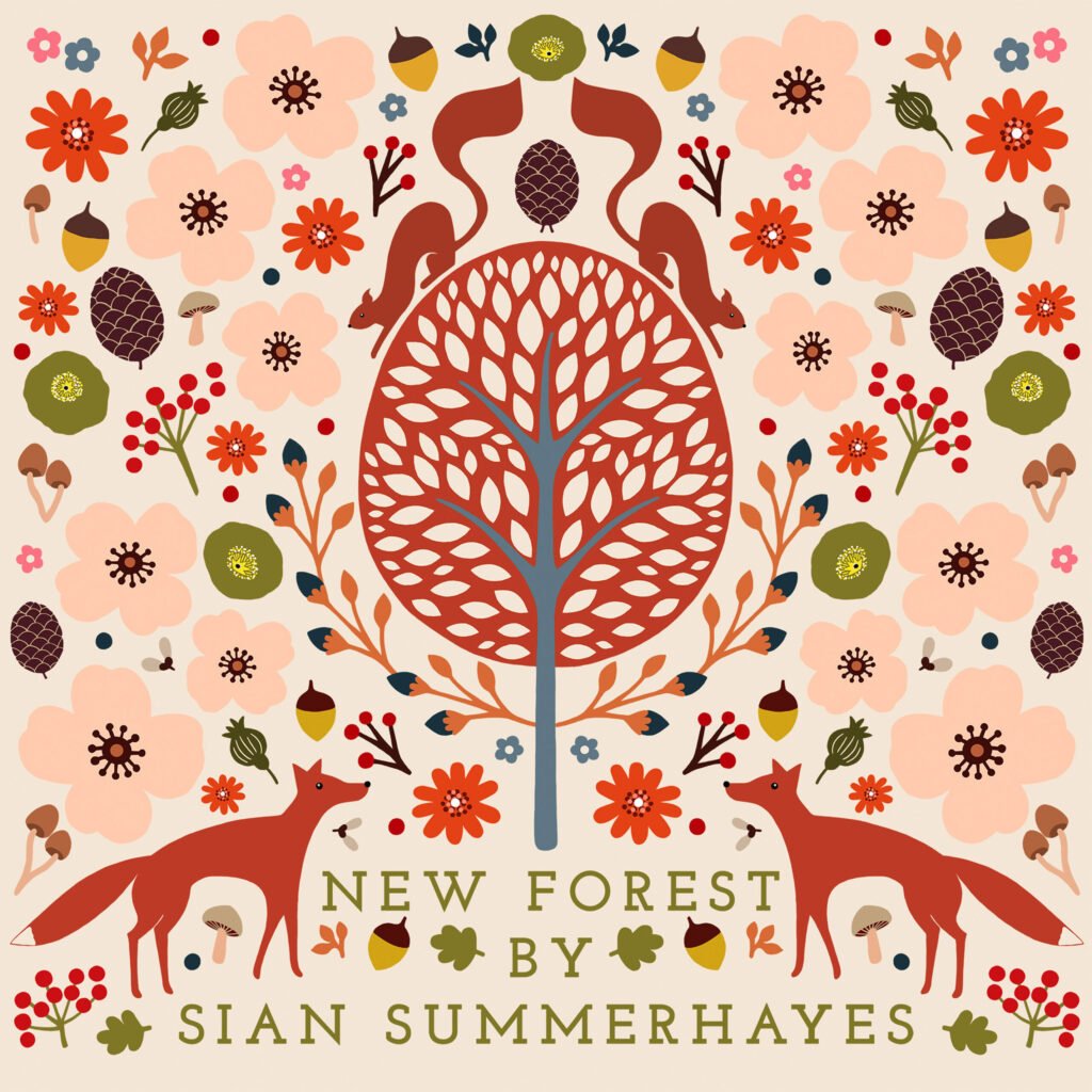 Colorful floral and animal pattern featuring trees and flowers