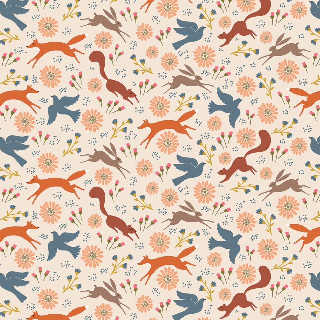Colorful floral and animal pattern with foxes, birds, and flowers.