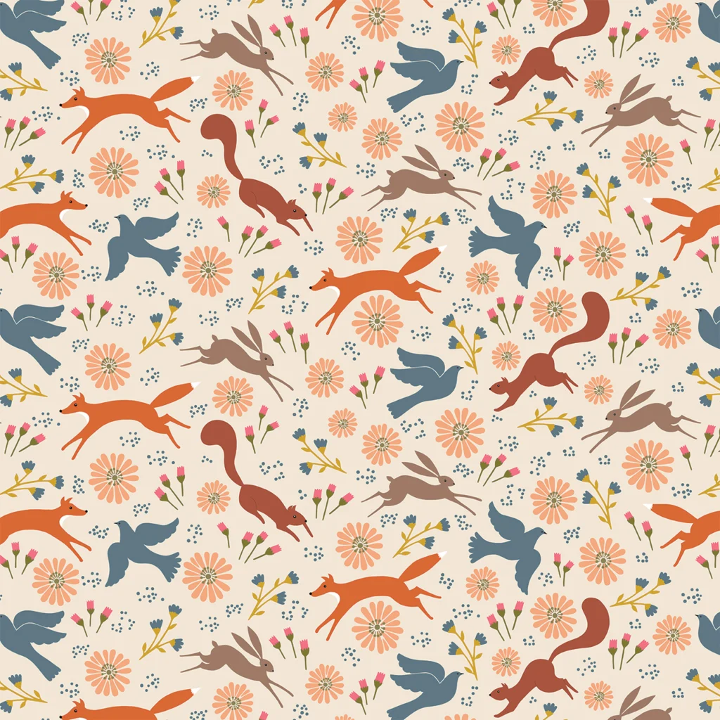 Colorful floral and animal pattern with foxes, birds, and flowers.