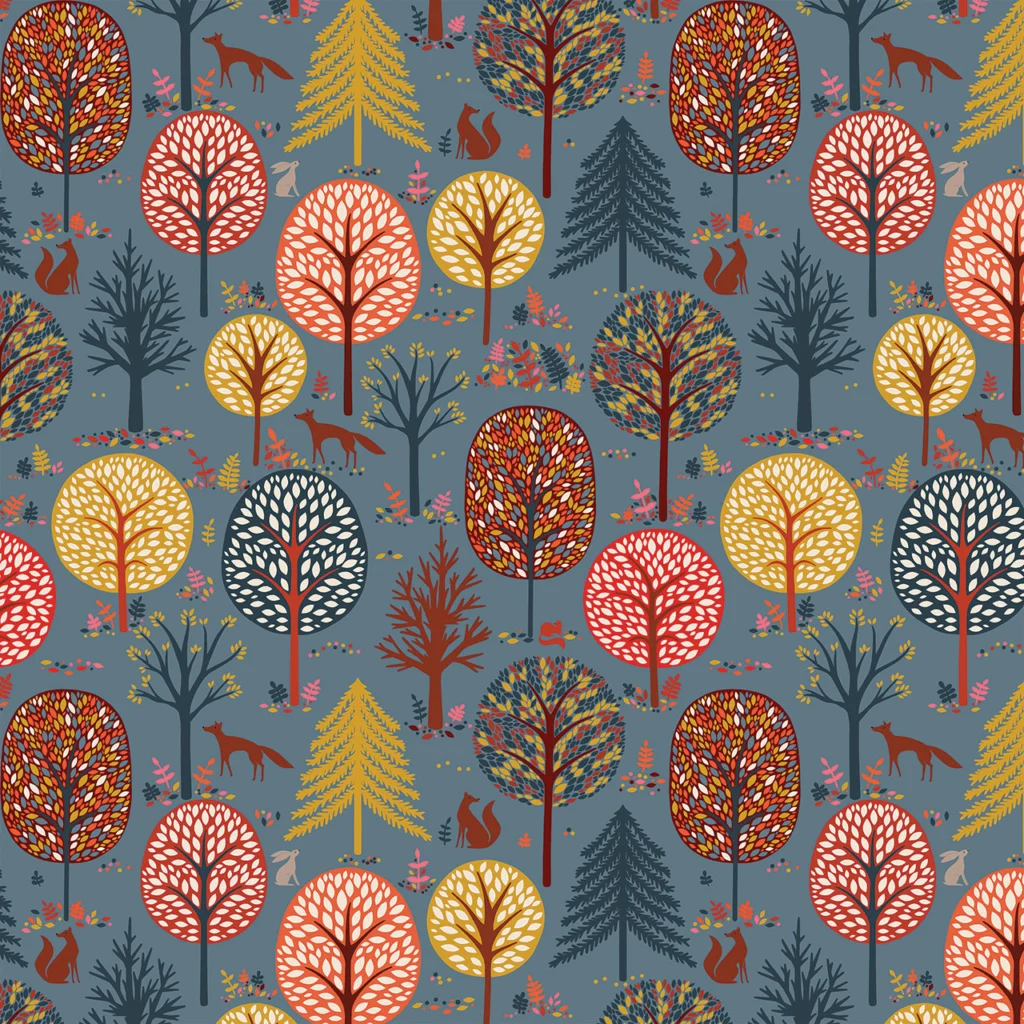 Colorful forest pattern with trees, animals, and foliage elements