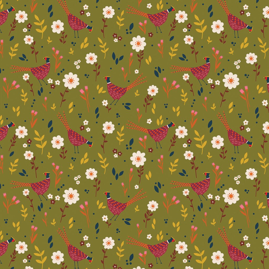 Colourful pheasant birds and flowers on a green background pattern