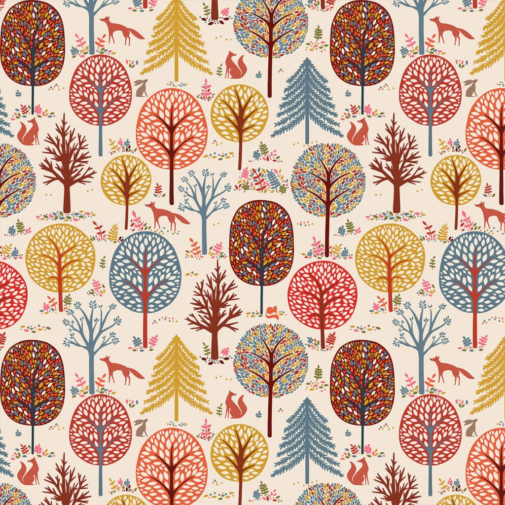 Colourful pattern of trees and animals in a whimsical design