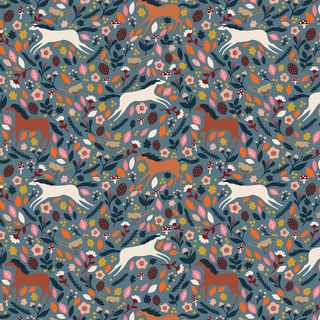 Colourful floral pattern with horses and birds in motion