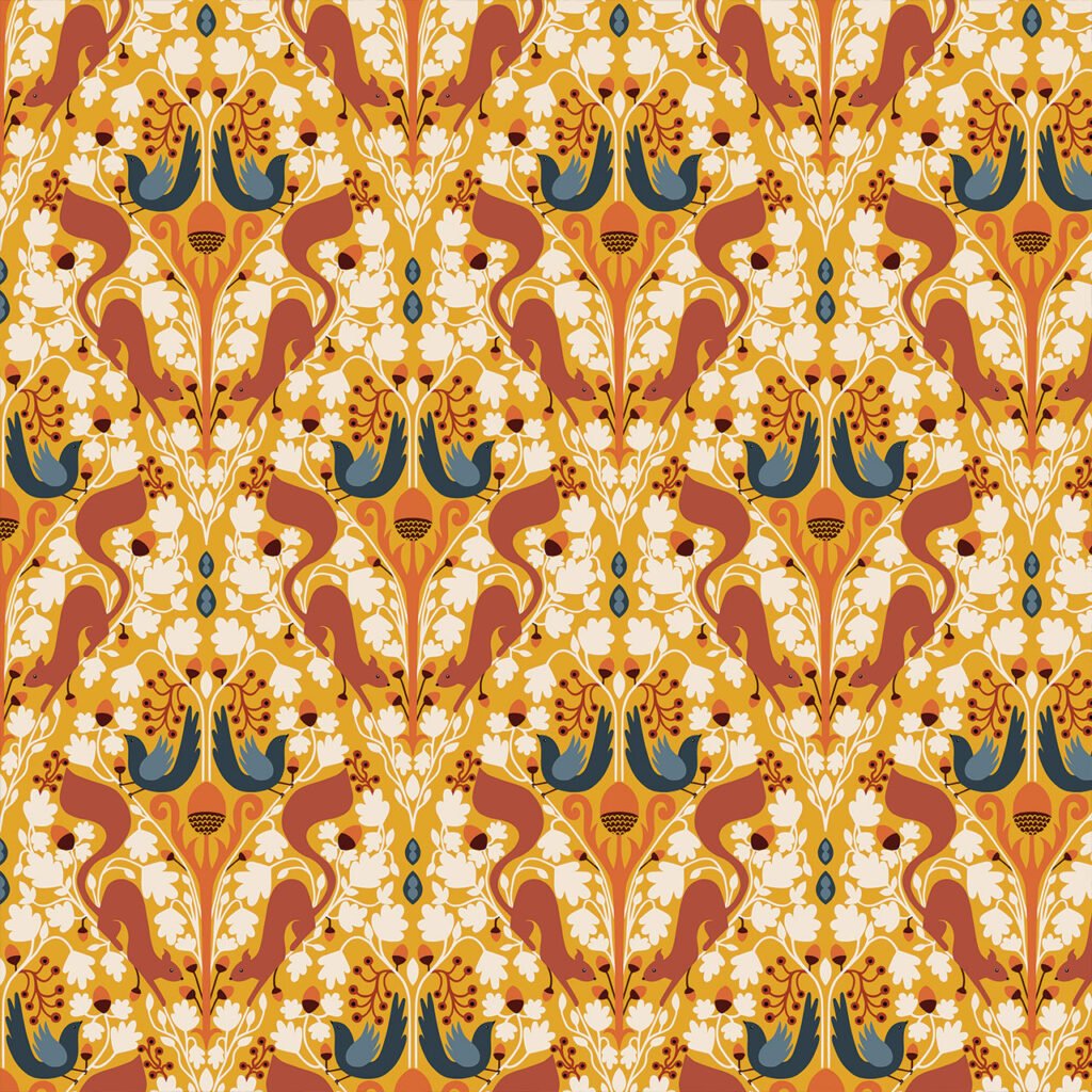 Colourful squirrels on a floral surface pattern design in warm tones