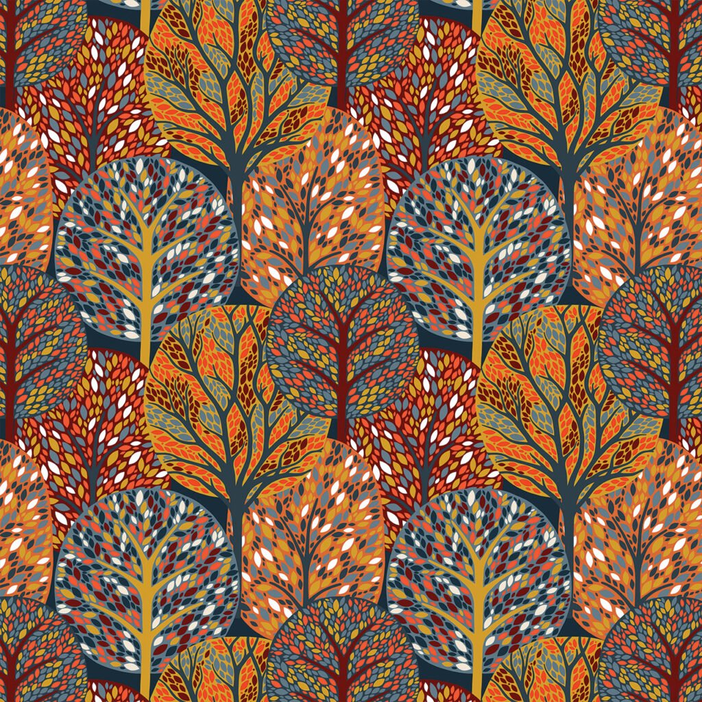 Colourful tree pattern with varying shapes and leaf designs