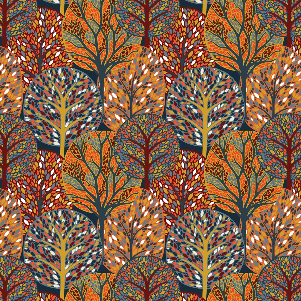 Colourful tree pattern with varying shapes and leaf designs