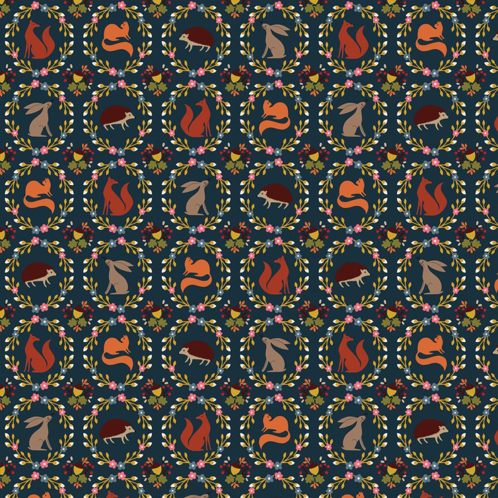 Colourful pattern featuring animals and floral motifs on dark background