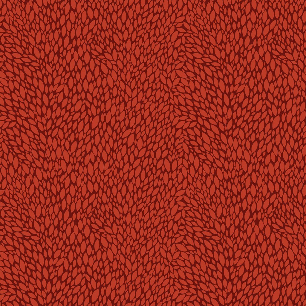 Red background with a leaf pattern in various shapes.