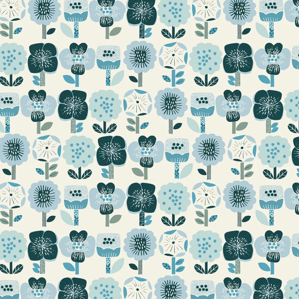 Repeating floral pattern in blue and green tones on cream
