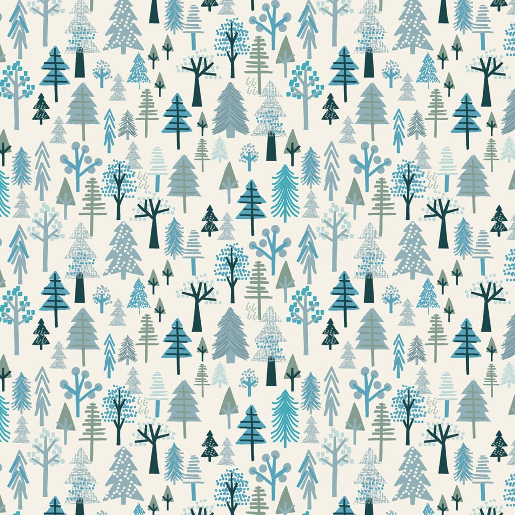 Colorful trees in various shapes and sizes on white background