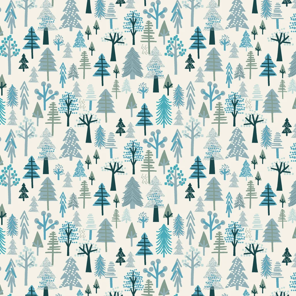 Colorful trees in various shapes and sizes on white background