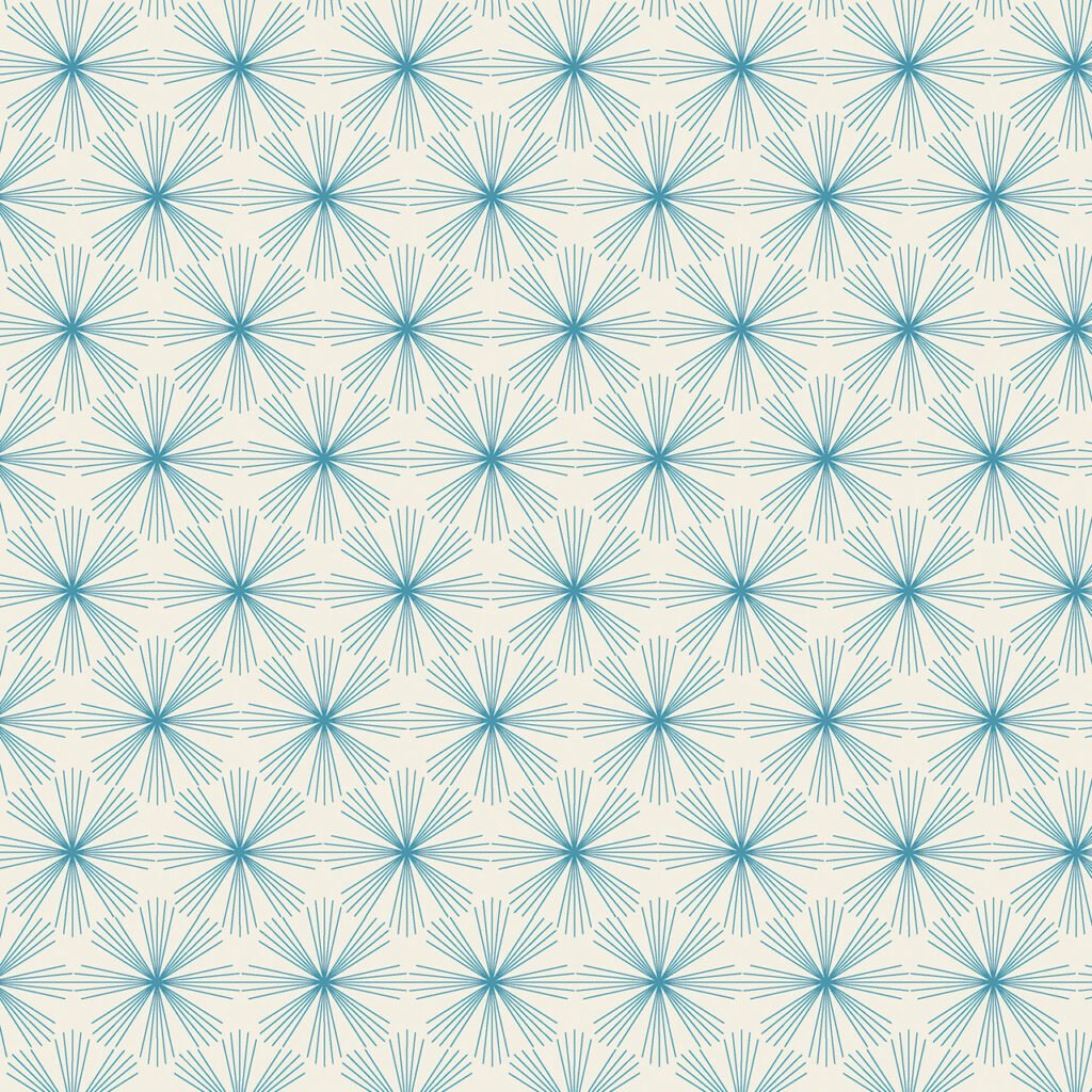 Repeating geometric pattern of blue starburst shapes on cream background