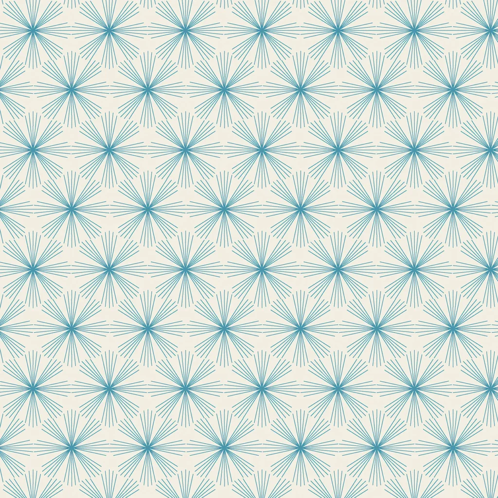 Repeating geometric pattern of blue starburst shapes on cream background
