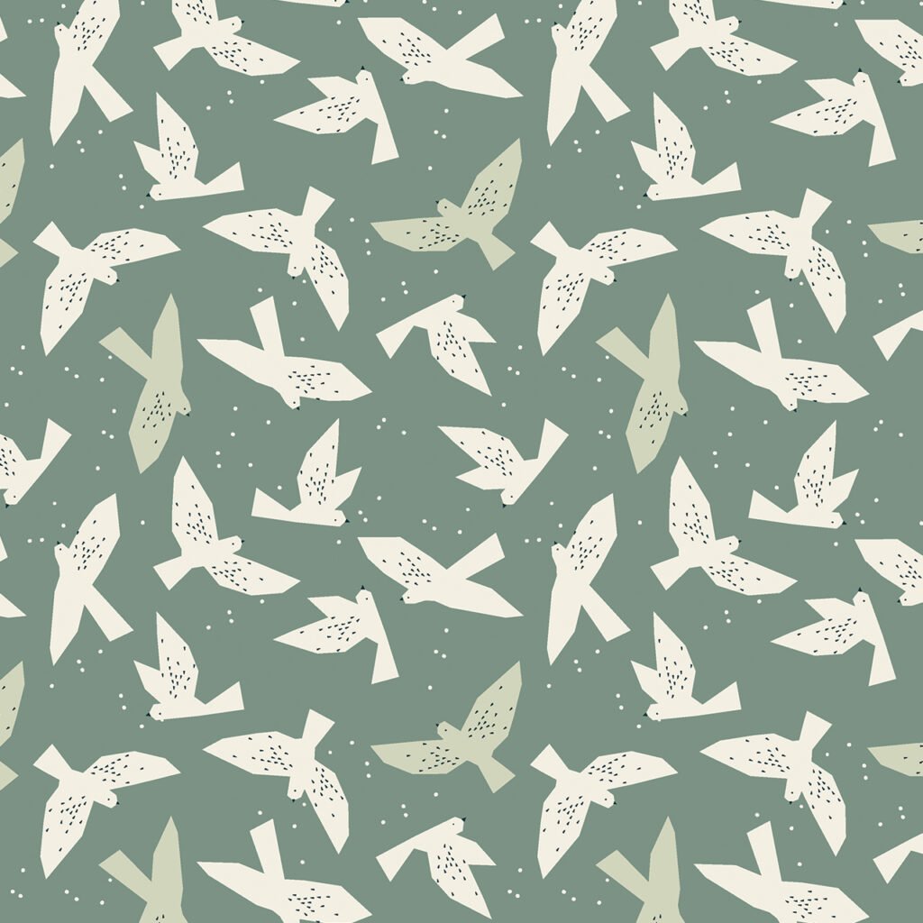 Birds in flight against a muted green background pattern