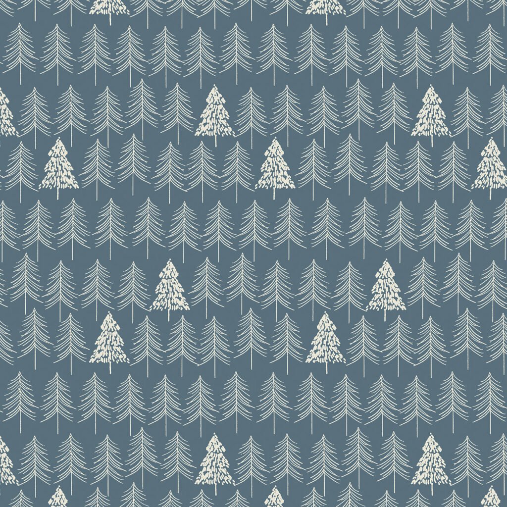 White trees on a blue background in a repeating pattern