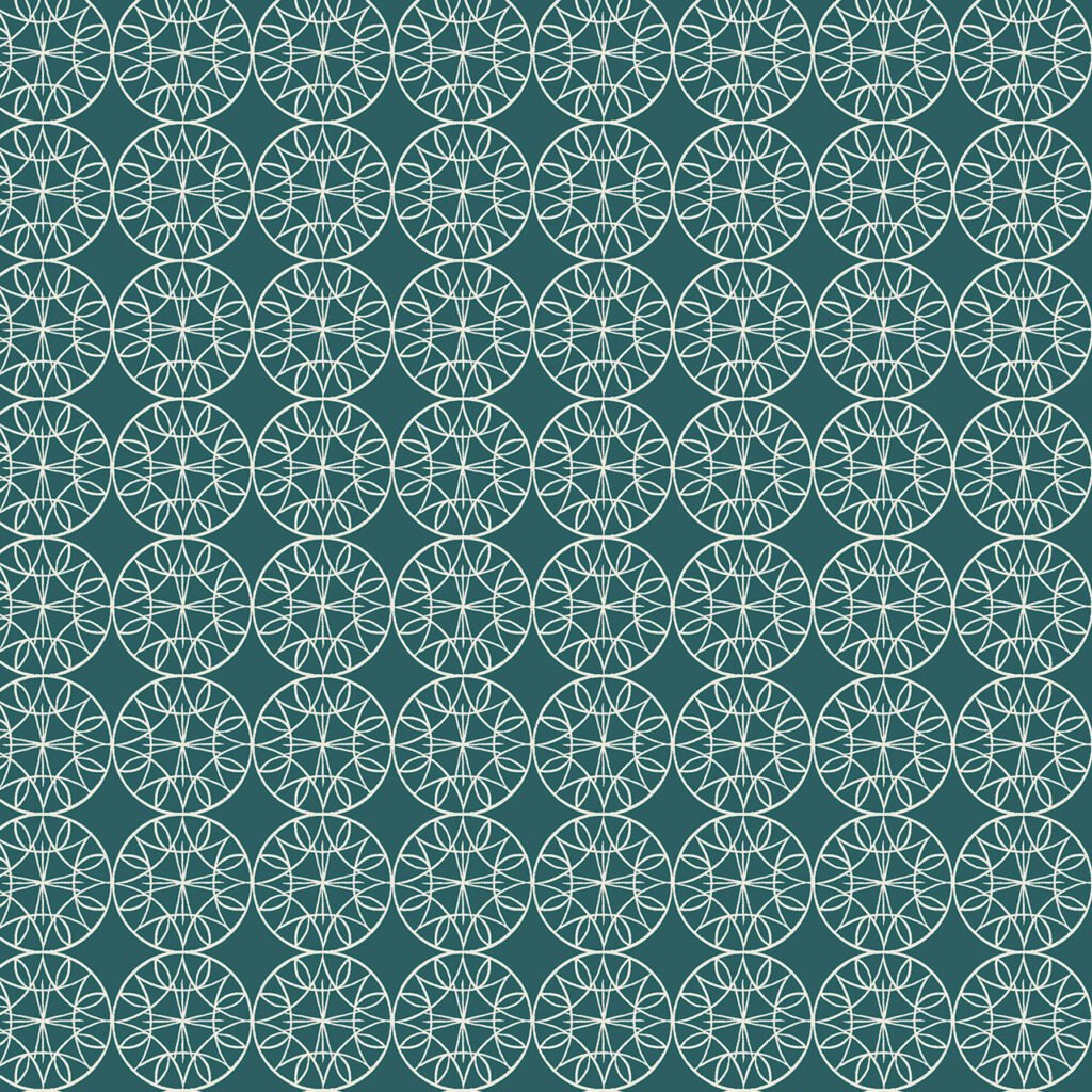 Geometric pattern of circles and stars in teal background