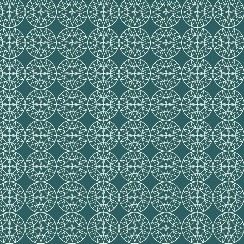 Geometric pattern of circles and stars in teal background