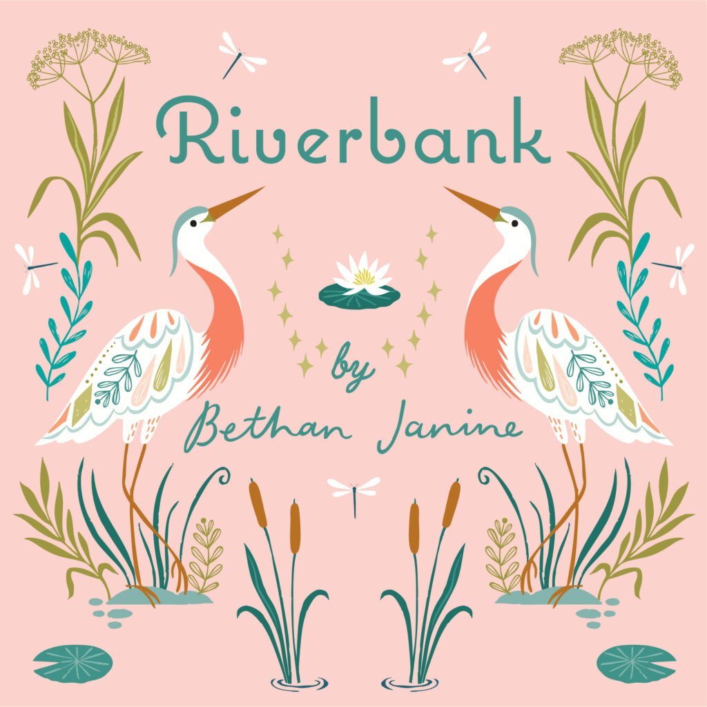 Herons and reeds and flowers on a pale pink background on a riverbank