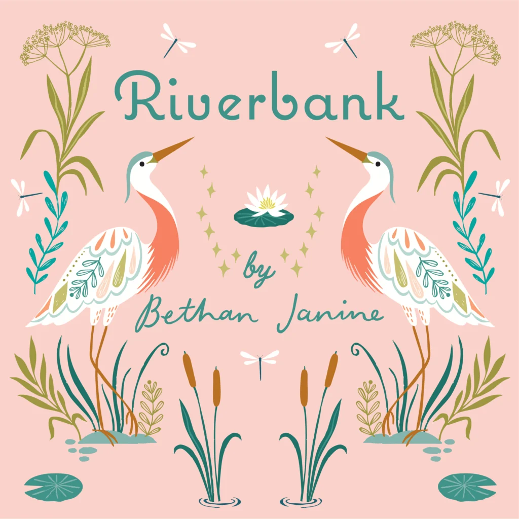 Herons and reeds and flowers on a pale pink background on a riverbank