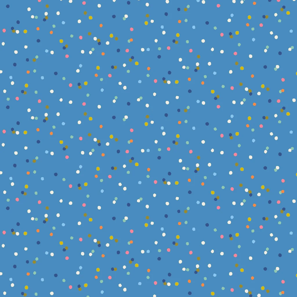 Capri blue coloured background with scattered coloured dots resulting in a confetti effect.