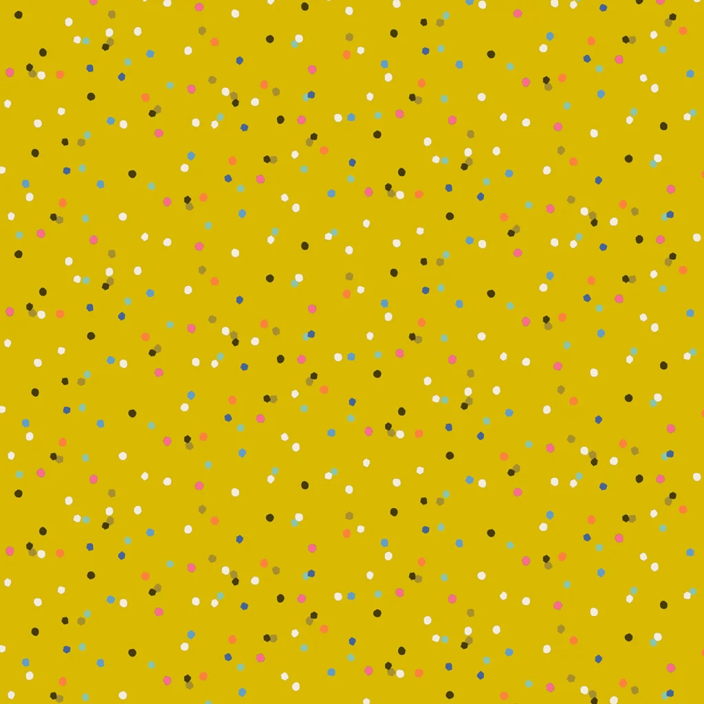 Yellow citrus coloured background with scattered coloured dots resulting in a confetti effect.