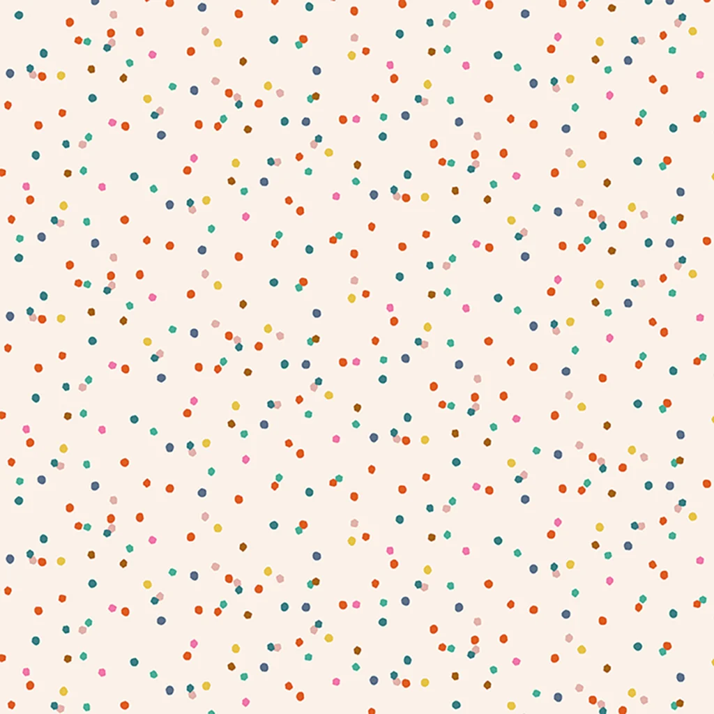 Cream background with scattered coloured dots resulting in a confetti look