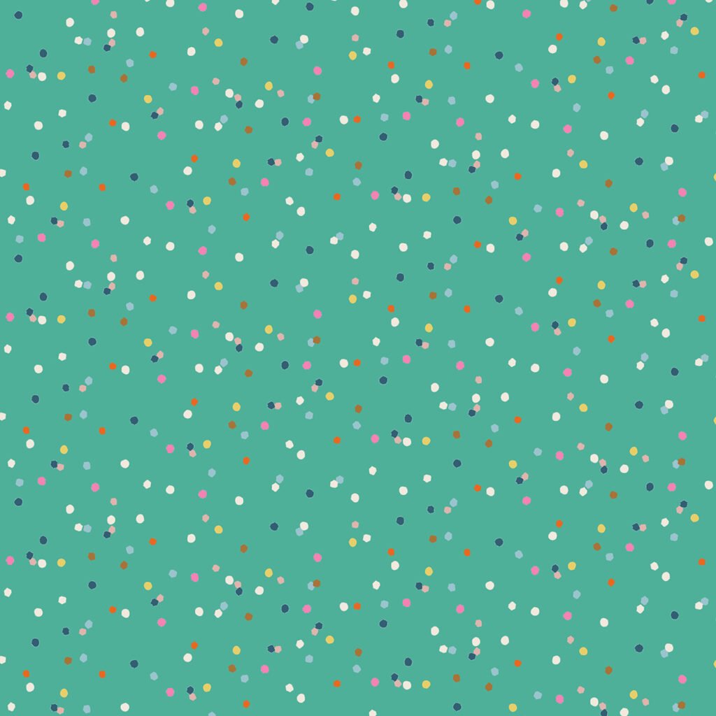 Jade background with scattered coloured dots resulting in a confetti look