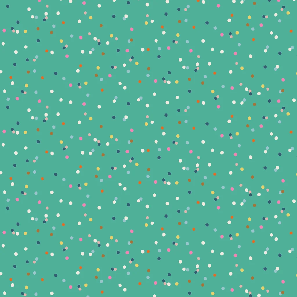 Jade background with scattered coloured dots resulting in a confetti look
