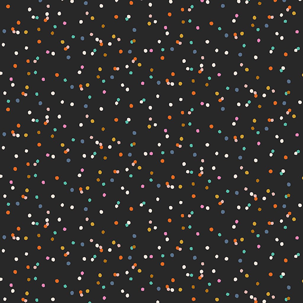 Black/Liquorice background with scattered lcoloured dots resulting in a confetti look