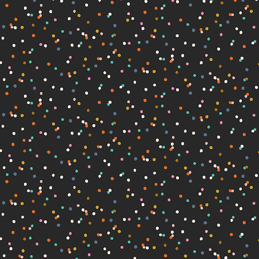 Black/Liquorice background with scattered lcoloured dots resulting in a confetti look