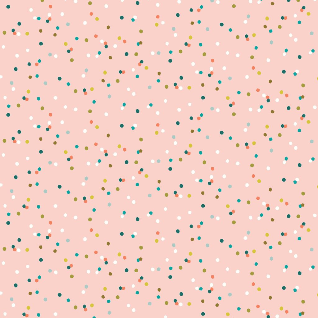 Rose coloured background with scattered colourful dots resulting in a rose coloured confetti effect