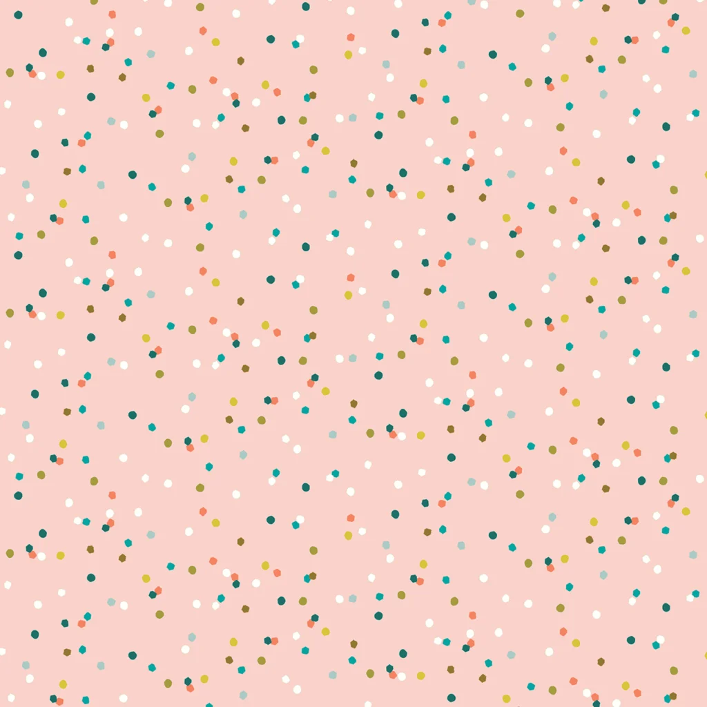 Rose coloured background with scattered colourful dots resulting in a rose coloured confetti effect