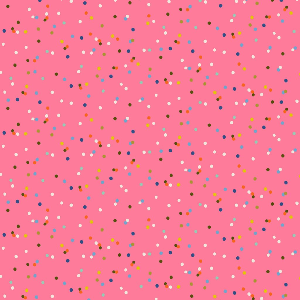 Pink sorbet coloured background with scattered coloured dots resulting in a confetti effect.