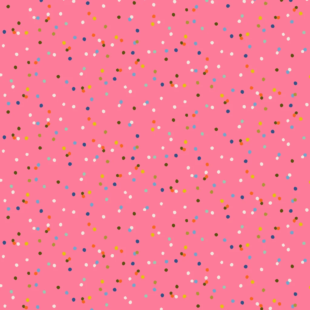 Pink sorbet coloured background with scattered coloured dots resulting in a confetti effect.